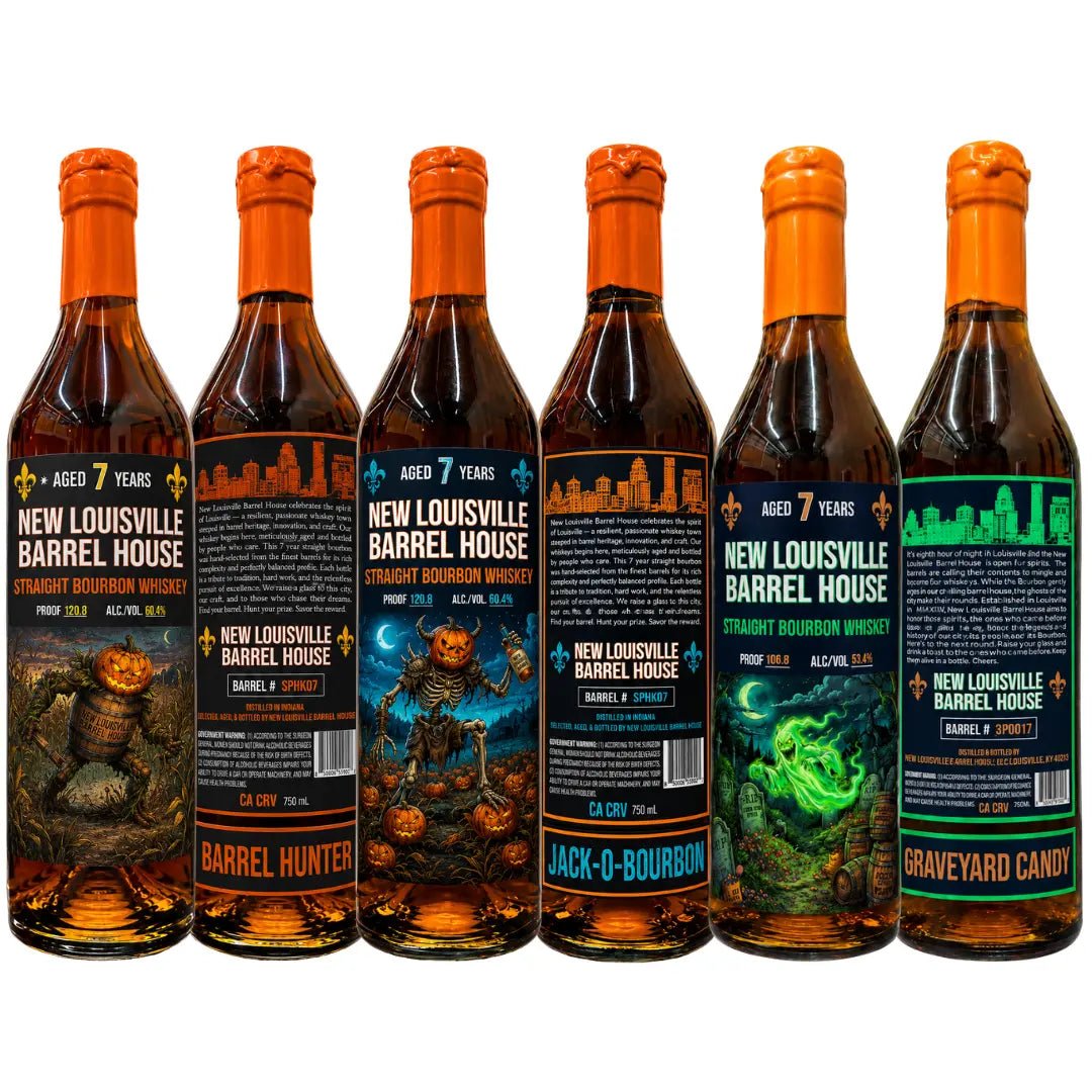 The Nulu New Louisville Halloween Edition 7 Year Bourbon Bundle 3 Pack features three collectible bottles adorned with vibrant Halloween-themed labels showcasing monsters, pumpkins, and graveyards. Arranged in a row on a white background, this limited-edition bundle is perfect for enthusiasts seeking both festive flair and distinctive bourbon spirits.