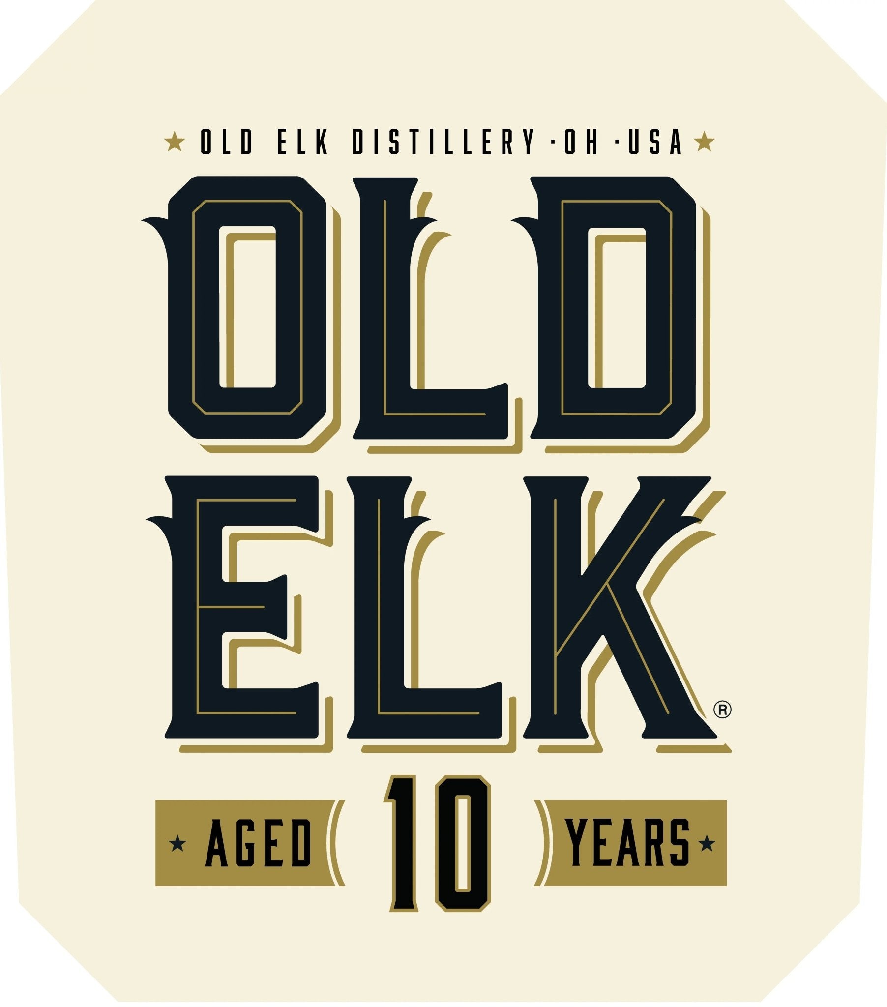 Old Elk Bourbon label, featuring bold black and gold text: OLD ELK and Aged 10 Years. This straight bourbon whiskey, proudly crafted by Old Elk Bourbon, OH, USA, is elegantly displayed at the top as Old Elk 10 Year Straight Bourbon Whiskey.