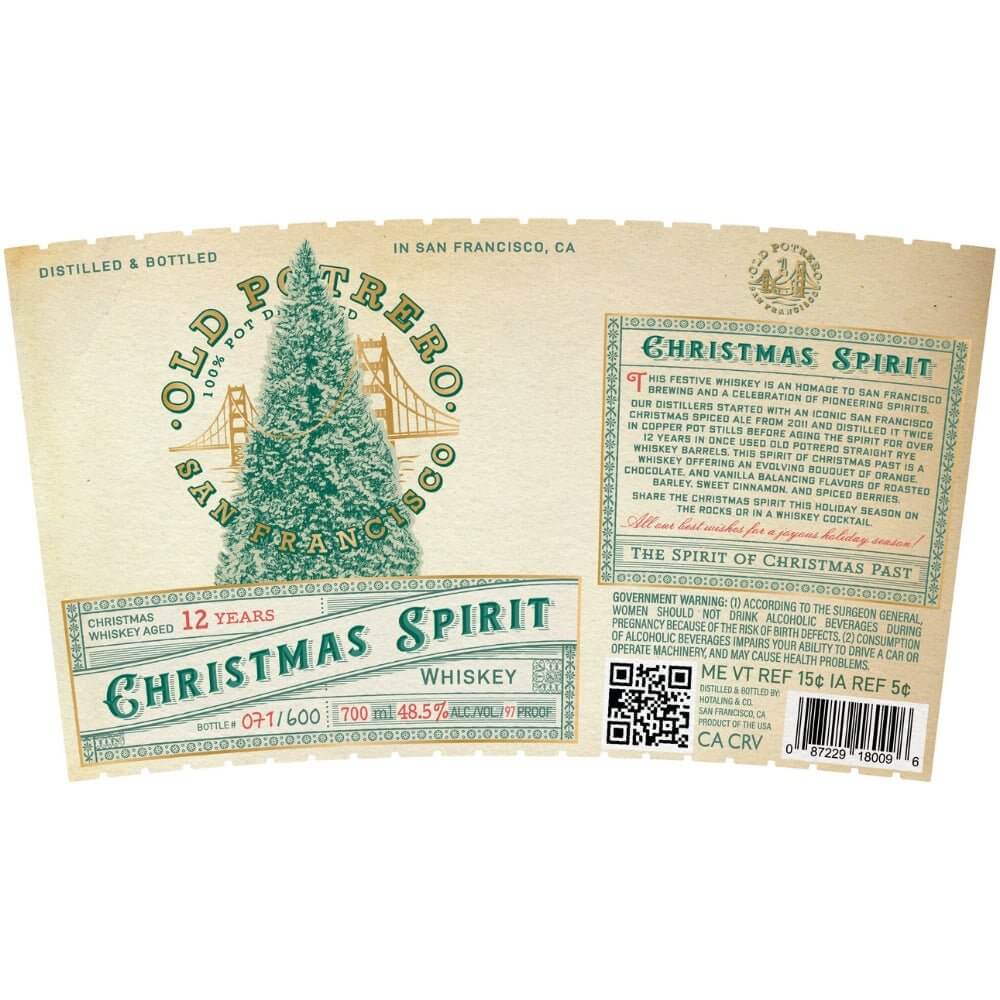 A label for Old Potrero 2025 Christmas Spirit Whiskey 9 Year Limited Edition features a green Christmas tree and festive text, highlighting this 700mL, 48.5% ABV rye holiday whiskey distilled in San Francisco, CA.
