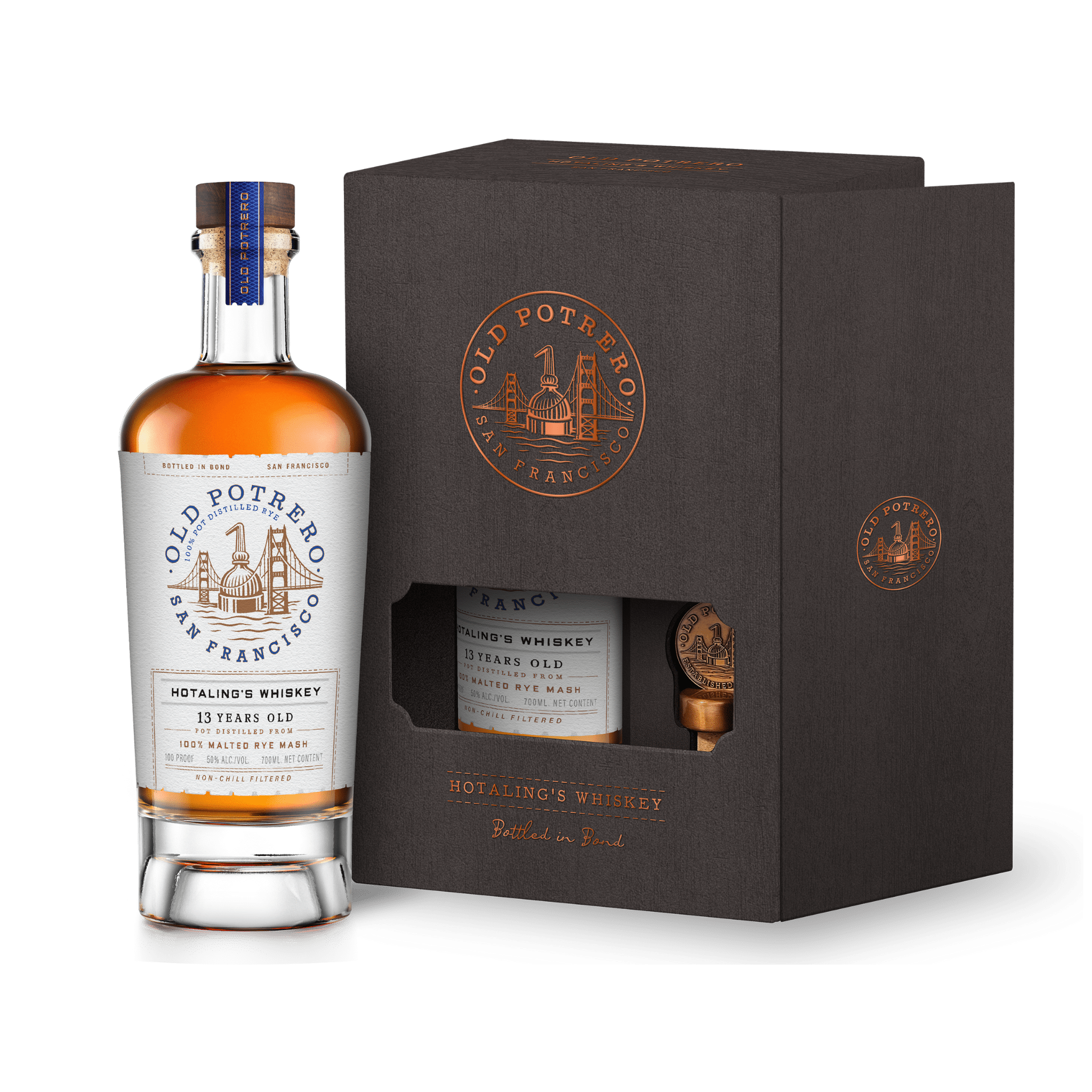 A bottle of Old Potrero Hotaling's Bottle in Bond 13 Year Old Whiskey stands next to its black box with gold and white accents, featuring the Old Potrero Whiskey San Francisco logo—an exceptional release for Bottled in Bond enthusiasts.