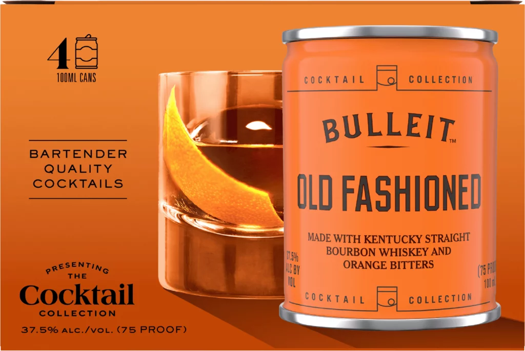 An orange box of Bulleit Old Fashioned Cocktail Cans 4 x 100mL features a cocktail glass with an orange twist beside a can. The label highlights bourbon whiskey, orange bitters, and 37.5% alcohol.