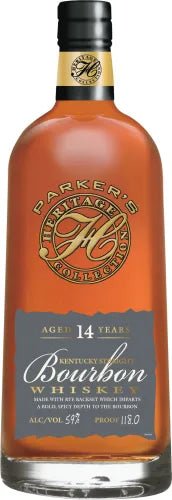 A bottle of Parker’s Heritage 20th Edition 14 Year Rye Backset Bourbon, a barrel-proof Kentucky bourbon from Parker’s Heritage.