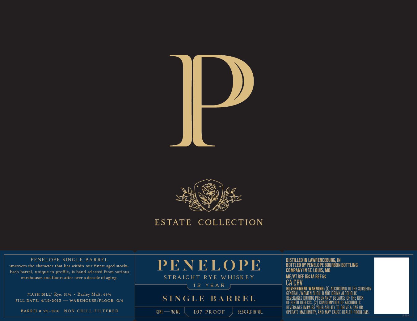 Penelope Estate Collection 12 Year Single Barrel Straight Rye Whiskey - Main Street Liquor