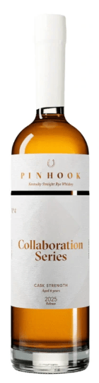 A bottle of Pinhook Bourbon Collaboration Series No. 4 Cask Strength Kentucky Straight Rye Whiskey, featuring a white and gold label with black and gold text and a white cap.