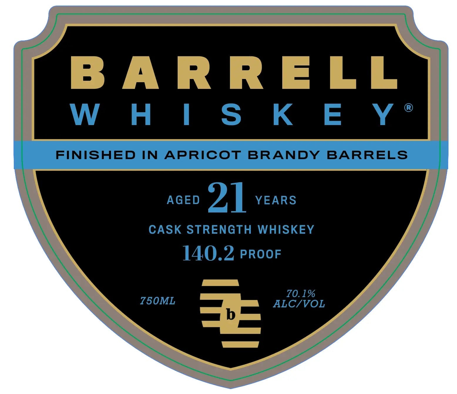 A black and gold Barrell Craft Spirits label reads Barrell 21 Year Old Canadian Whiskey Apricot Brandy Finish—aged 21 years, bottled at cask strength with an intense 140.2 proof (70.1% ALC/VOL) in a 750ml bottle, boasting a remarkable apricot brandy barrel finish.