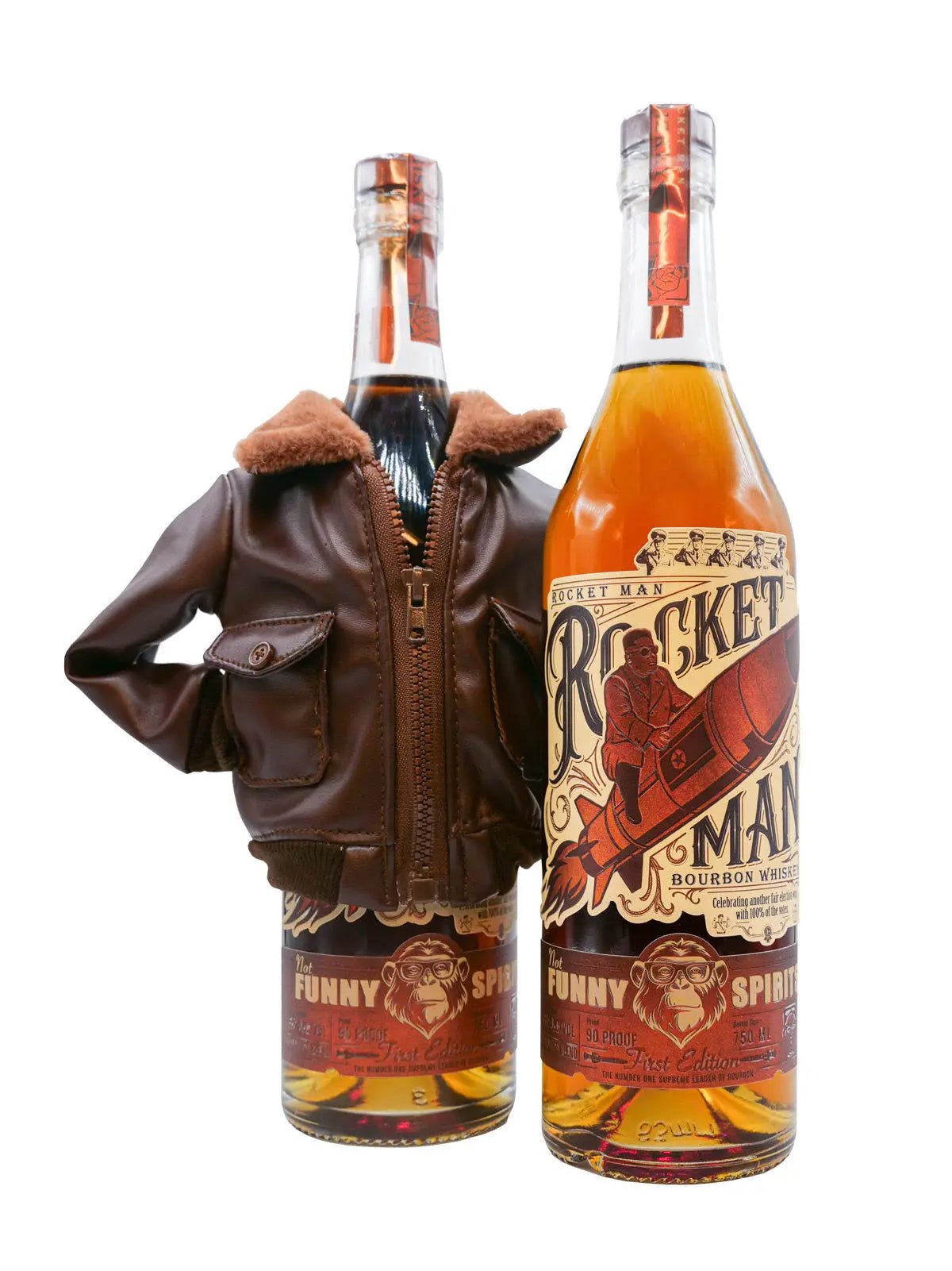 Two collectible bottles of Rocket Man Bourbon Whiskey from the Rocket Man brand stand upright against a white background—one dressed in a brown aviator jacket and the other featuring a vintage-style label with a man riding a rocket. These rocket-themed bourbon bottles evoke both nostalgia and adventure.