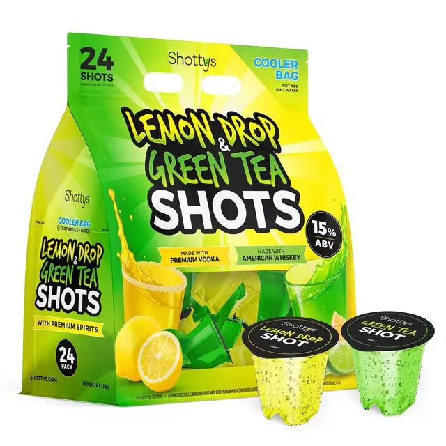 Shottys Green Tea Whiskey & Lemon Drop Vodka Cocktail Shots 24 Pack - BuyMyLiquor