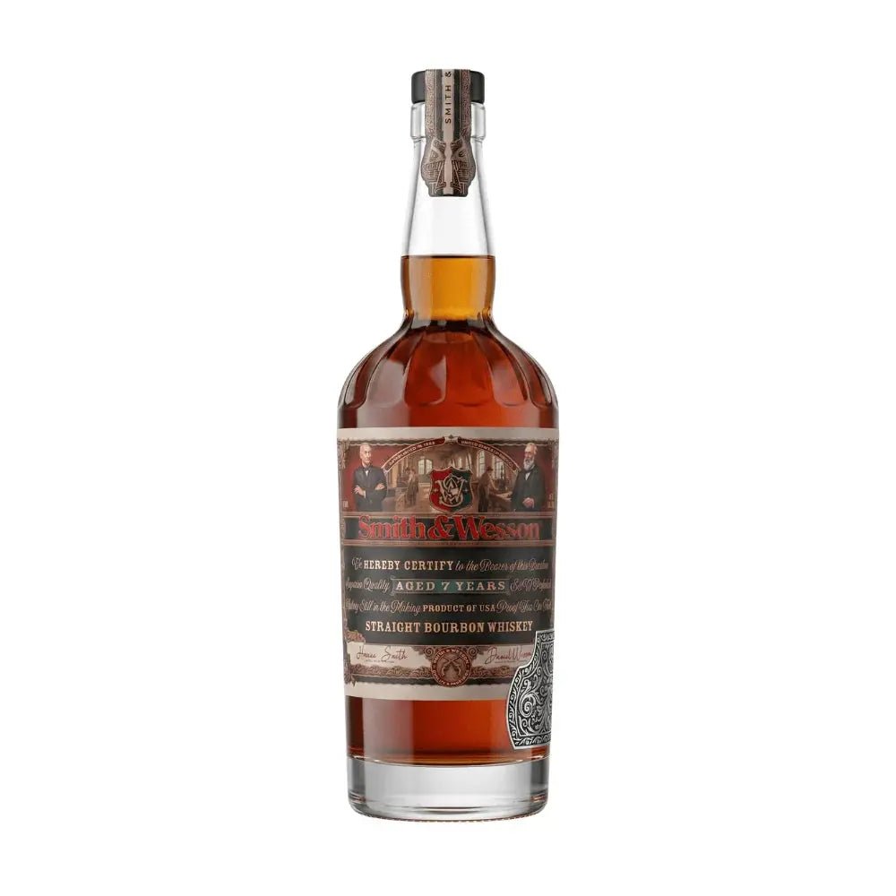 A 750ml bottle of Smith & Wesson 7 Year Straight Bourbon Whiskey from Smith & Wesson, featuring a detailed label and a wax-sealed cap, filled with amber-hued American bourbon whiskey and isolated on a white background.