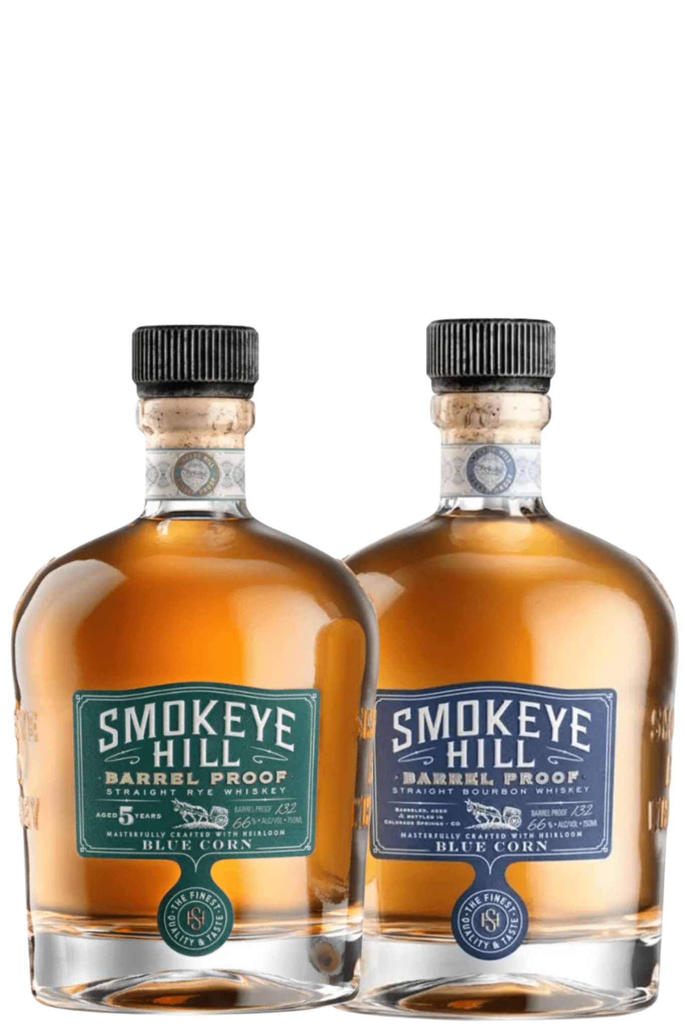 The Smokeye Hill Barrel Proof Bundle: Straight Rye & Bourbon Whiskey features two round bottles with dark caps and green and blue labels, filled with amber liquid, standing side by side against a white background.