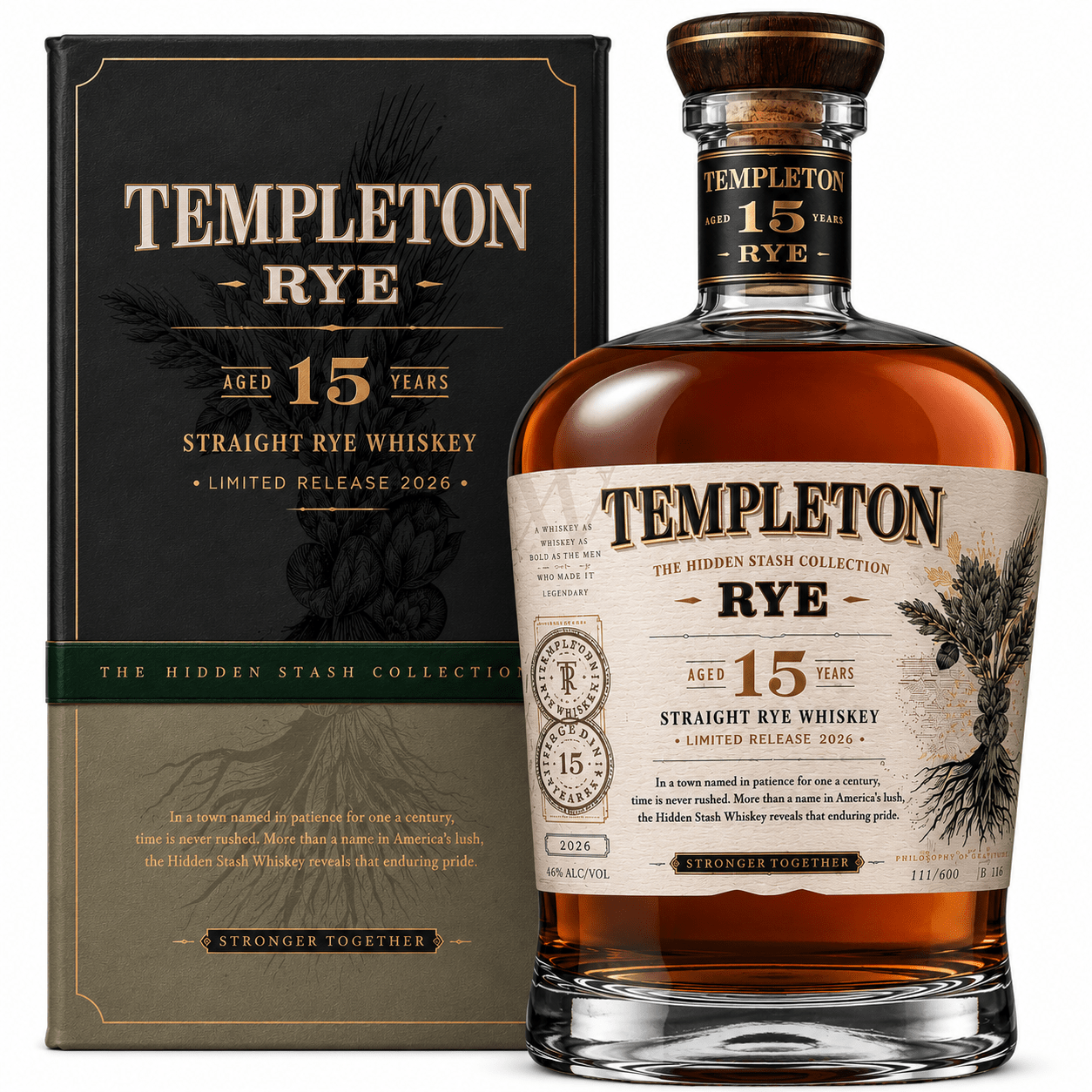 A bottle of Templeton Hidden Stash 15 Year Straight Rye Whiskey (Pre-Order) from Templeton Rye stands before its striking black and gold box, proudly labeled as a rare release from the distinguished Hidden Stash Collection.