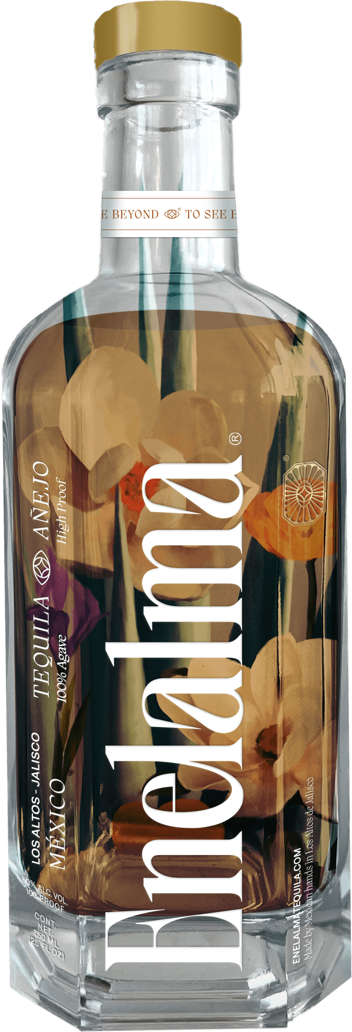 A clear glass bottle of Enelalma Tequila High Proof Añejo 750mL features a gold cap, bold white lettering, a floral and leaf design inside the bottle, and is aged in American white oak barrels for a refined finish.