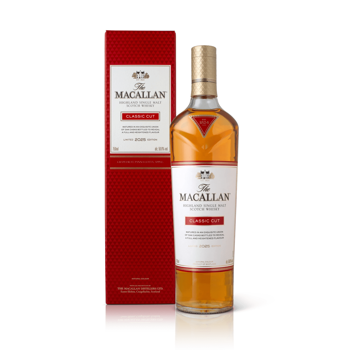 A bottle of The Macallan Classic Cut 2025 Single Malt Scotch Whisky stands beside its red and white box, both featuring gold accents and label details from The Macallan, highlighting this limited release.