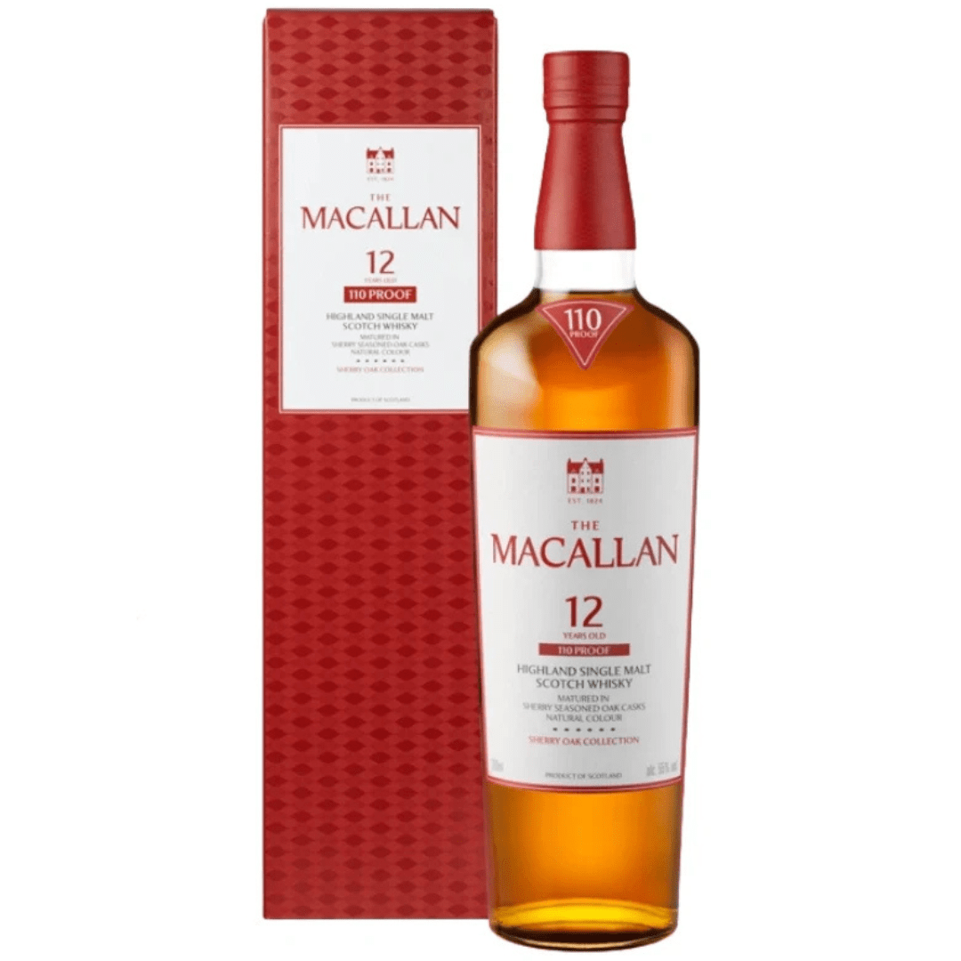 A 750mL bottle of The Macallan Sherry Oak 12 Year 110 Proof Scotch Whisky is shown next to its matching red and white box.