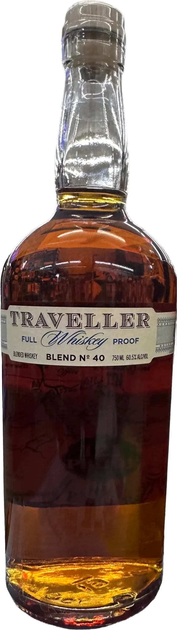 Traveller Full Proof Whiskey 121 Proof by Chris Stapleton (PRE-ORDER), from The Traveller Whiskey, is a blended whiskey crafted with Buffalo Trace, bottled at 750ml, 60.5% ABV, featuring gold-brown liquid beneath a clear cap.