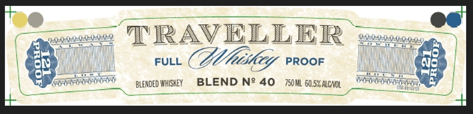 A vintage-style label for The Traveller Whiskey’s "Traveller Full Proof Whiskey 121 Proof By Chris Stapleton (PRE-ORDER)," with BLEND NO 40, 750 ML, 50.5% ALC/VOL, decorative blue designs, color reference dots, inspired by Stapleton and Buffalo Trace.