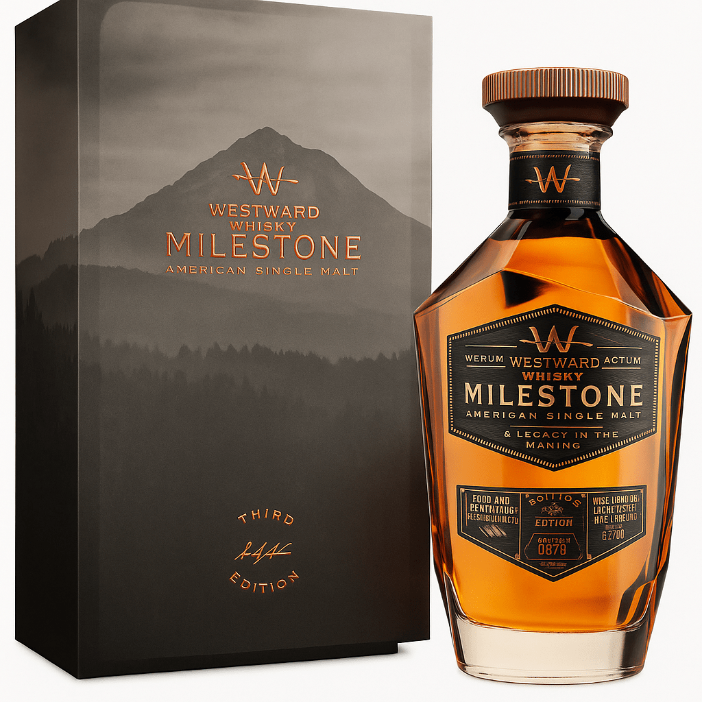 A bottle of Westward Whiskey Milestone Edition No. 3 stands beside its branded box with a mountain design. The label marks it as the Third Edition—a limited-release American Single Malt from Westward, a true legacy in the making.