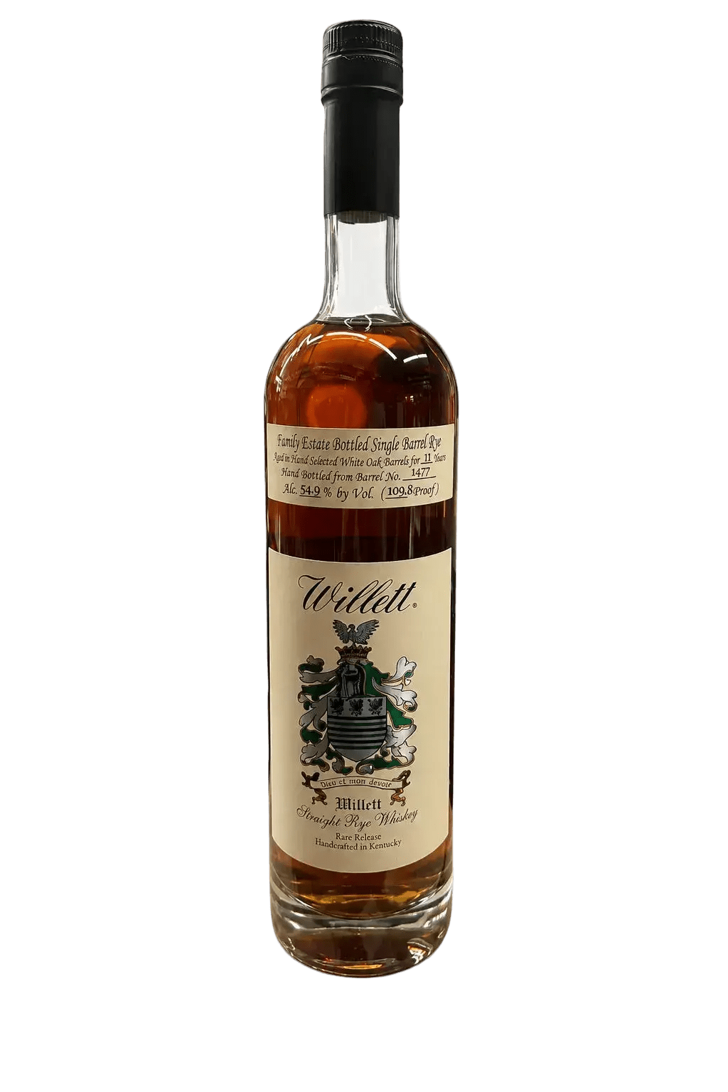 A bottle of Willett Family Estate 11 Year Single Barrel Rye PAC EDGE SOCAL 2025 (750mL) from Willett Distillery, a distinguished single barrel rye whiskey with a beige label, black cap, and family crest on the front, set against a plain white background.