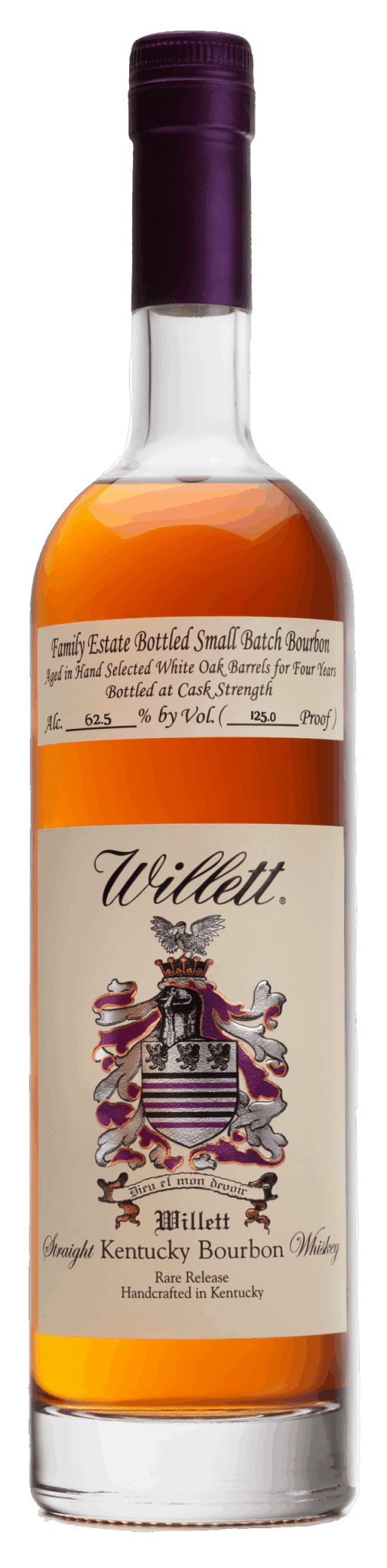 A 750ml bottle of Willett Family Estate Small Batch Bourbon 4 Year Cask Strength by Willett Distillery, featuring a cream label, purple wax seal, detailed family crest, and rich amber bourbon inside.