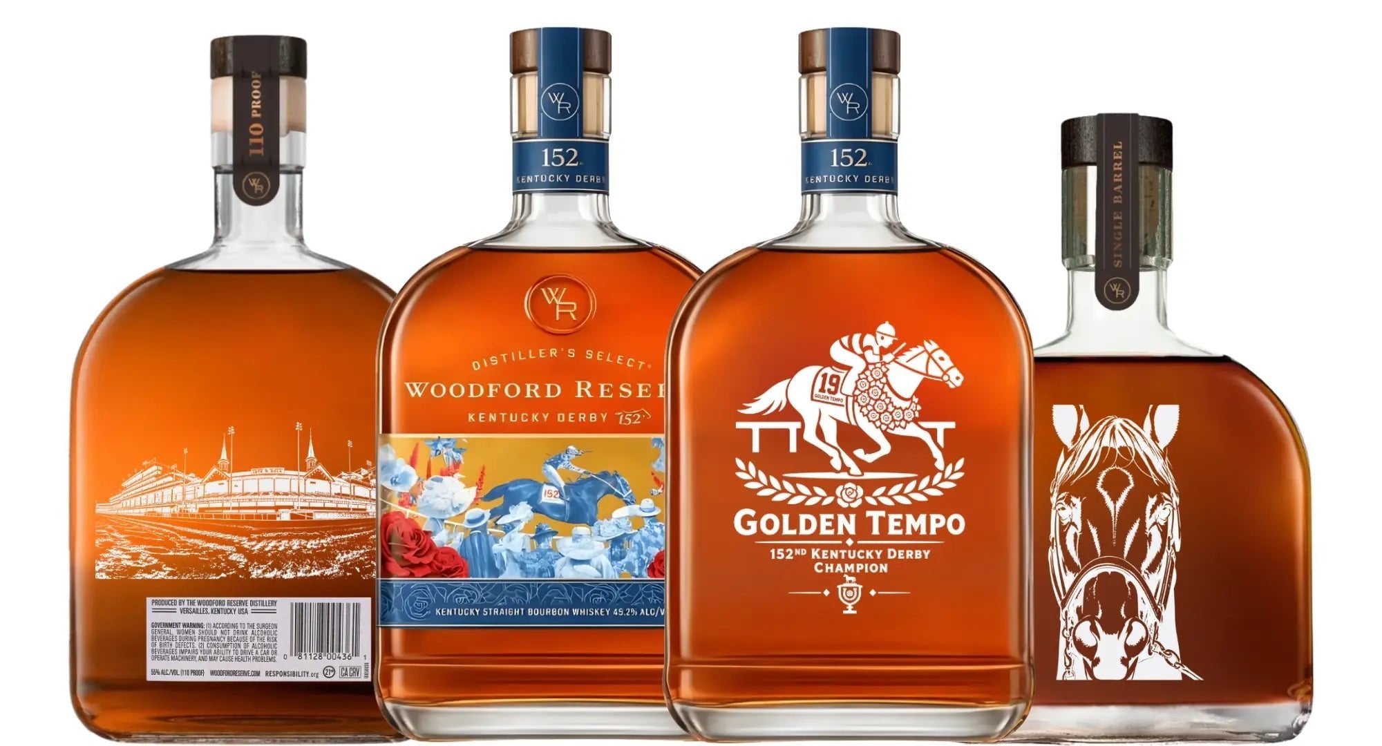 Woodford Reserve Derby Bundle: Kentucky Derby 152 Edition Golden Tempo, 110 Proof “The Elevated Proof,” Double Oaked Single Barrel Strength “BML” Barrel Pick - Main Street Liquor