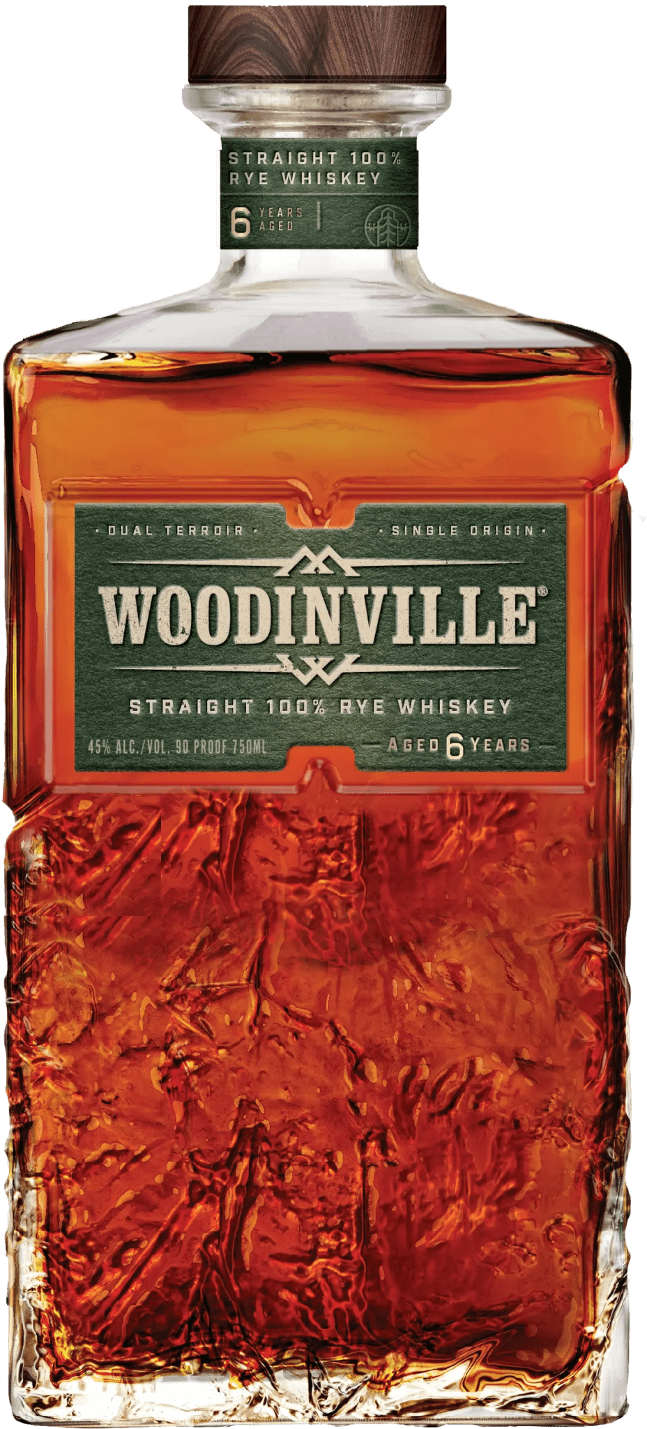 A bottle of Woodinville Straight Rye Whiskey, expertly hand-crafted and aged 6 years at a renowned Washington distillery. The label features a green background with white and gold text, and the whiskey itself displays a rich amber hue.