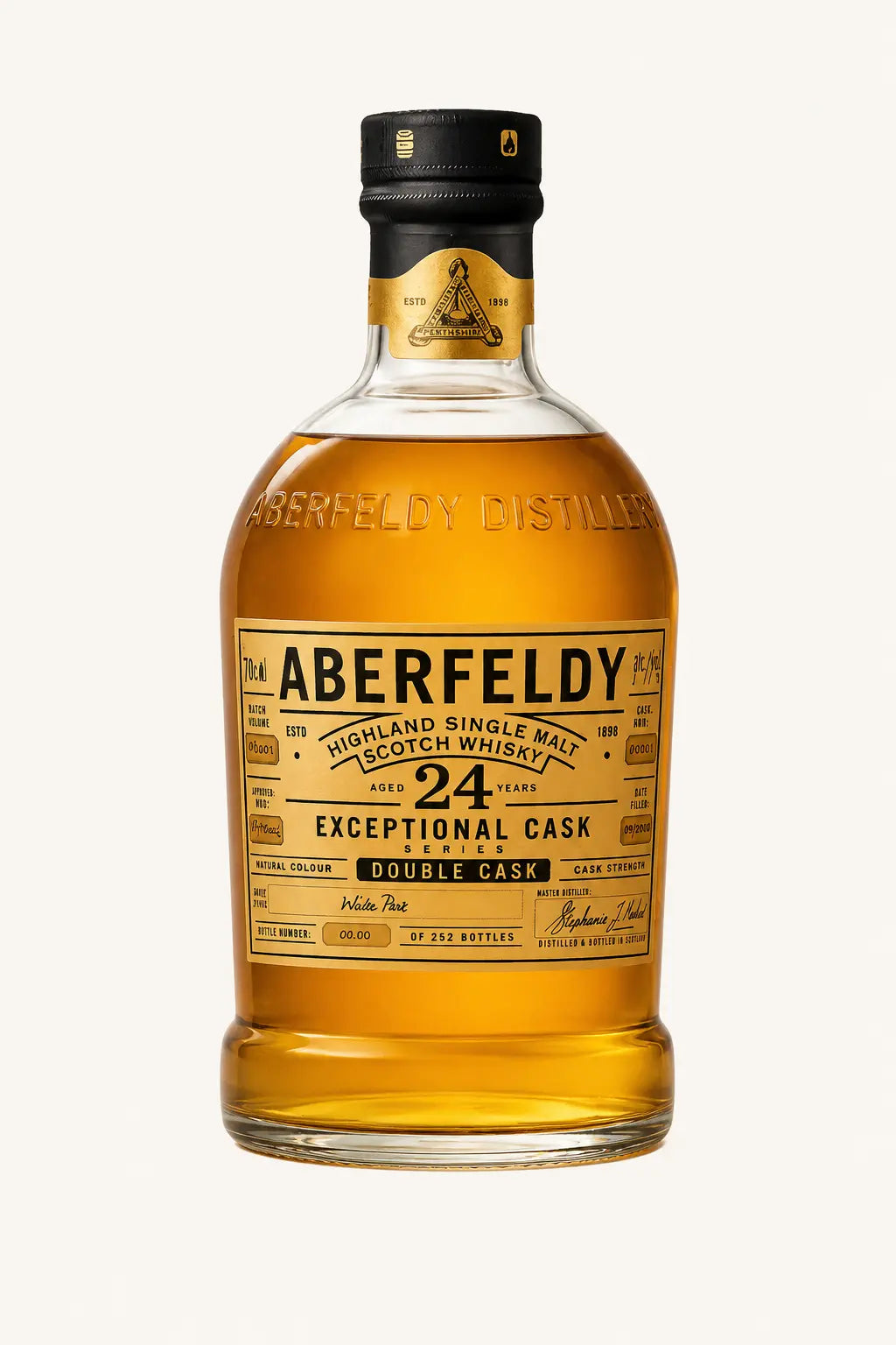 A 700mL bottle of Aberfeldy 24 Year Old White Port Double Cask Finish Single Malt Scotch Whisky, featuring a gold label, a black and gold cap, and clear glass revealing the amber liquid inside.