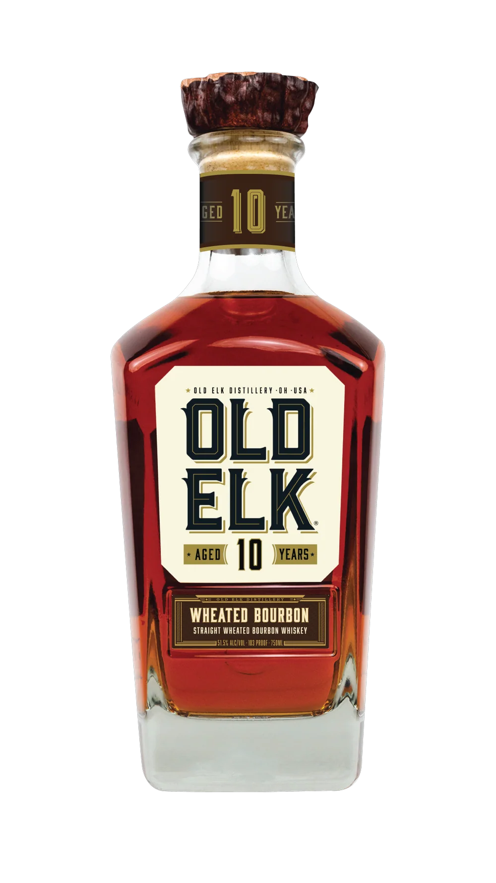 A bottle of Old Elk 10 Year Straight Wheated Bourbon Whiskey 750mL from Old Elk Bourbon, showcasing a distinctive square design and rich amber spirit, with a sophisticated label in gold, cream, and black—ideal for anyone seeking a premium aged bourbon experience.