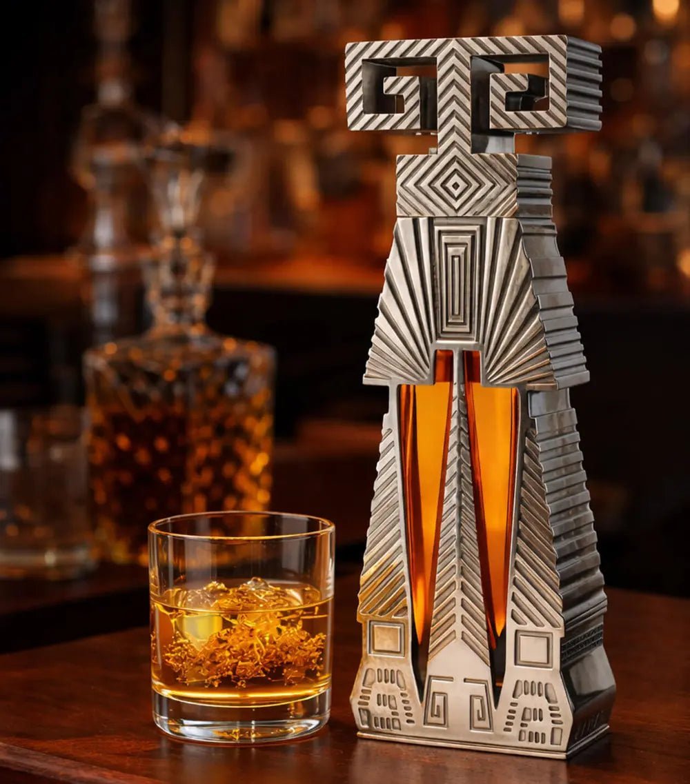 A striking, geometric silver bottle—evoking Pedro Friedeberg’s iconic style—houses 1800 COLECCION Extra Anejo Tequila Limited Edition by 1800 Tequila. Its orange-hued spirit stands beside a glass of whiskey with ice and gold flakes atop a wooden bar, making this limited edition tequila an unmistakable centerpiece in any sophisticated setting.
