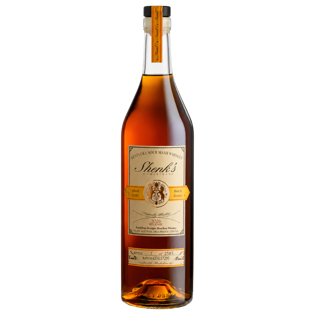 A tall bottle of Michter’s Shenk's Homestead Kentucky Sour Mash 2026 Release whiskey, with golden-amber liquid, a cream-and-gold label, and wax-sealed top—a collectible American whiskey ideal for enthusiasts.