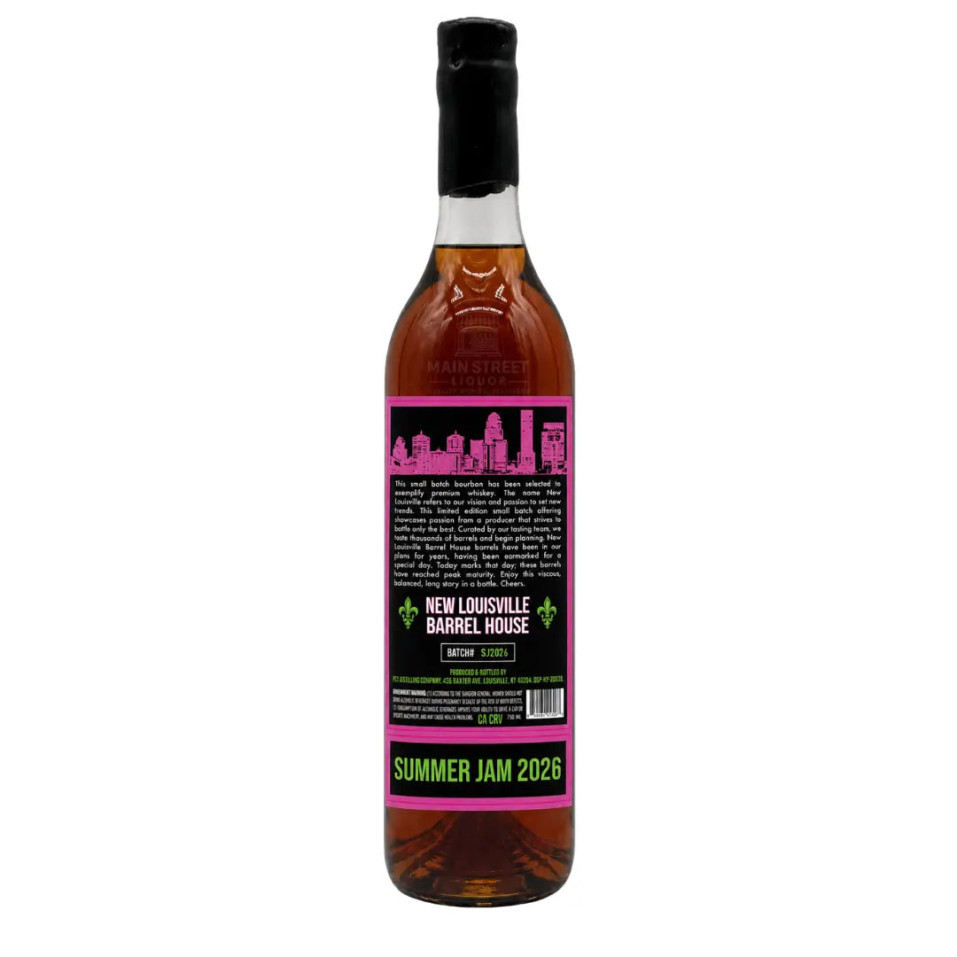 A bottle of Nulu New Louisville 8 Year “Summer Jam” 142.6 Proof Straight Bourbon Whiskey (Pre-Order), featuring a black label with a pink cityscape graphic and green accents, labeled with “Summer Jam 2026” at the bottom.