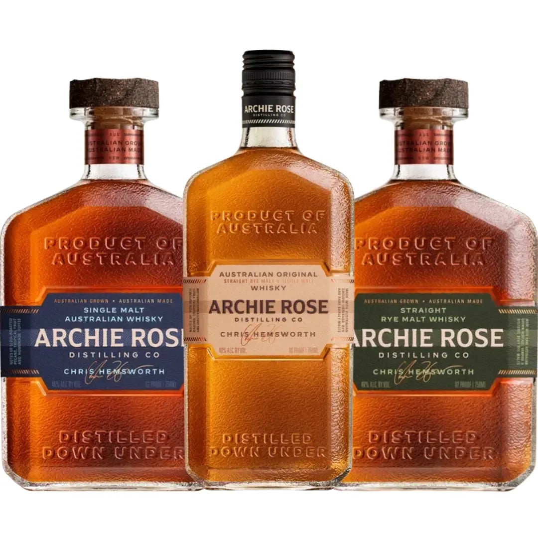 Archie Rose Family Whisky Bundle – Original, Single Malt & Straight Rye, shown as three bottles with different colored labels: blue for single malt, tan for original, and green for straight rye.