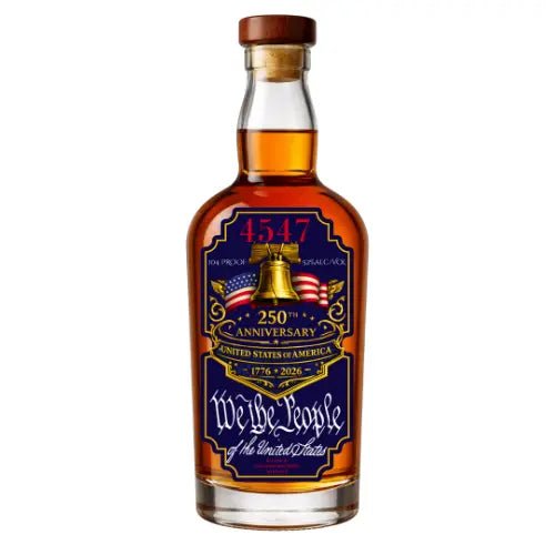 A bottle of 4547 250th Anniversary Straight Bourbon Whiskey by 4547 WHISKEY, featuring patriotic designs with the Liberty Bell, American flags, “1776-2026,” and “We the People of the United States.”.
