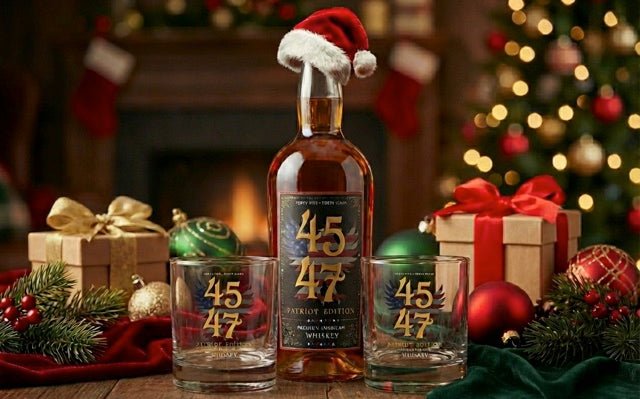 A bottle of 45 47 whiskey wearing a Santa hat sits between two Main Street Liquor 4547 Whiskey Rock Glasses, surrounded by Christmas ornaments, pine branches, gifts, and a lit tree in a festive holiday setting.