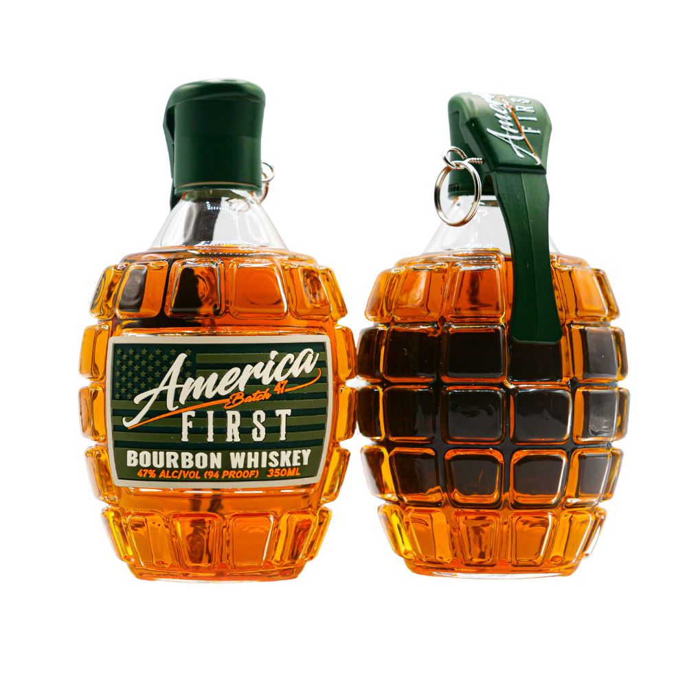 America First Grenade Straight Bourbon Whiskey 2 Pack—two collectible bottles shaped like hand grenades, each filled with smooth amber bourbon—makes a unique patriotic gift.
