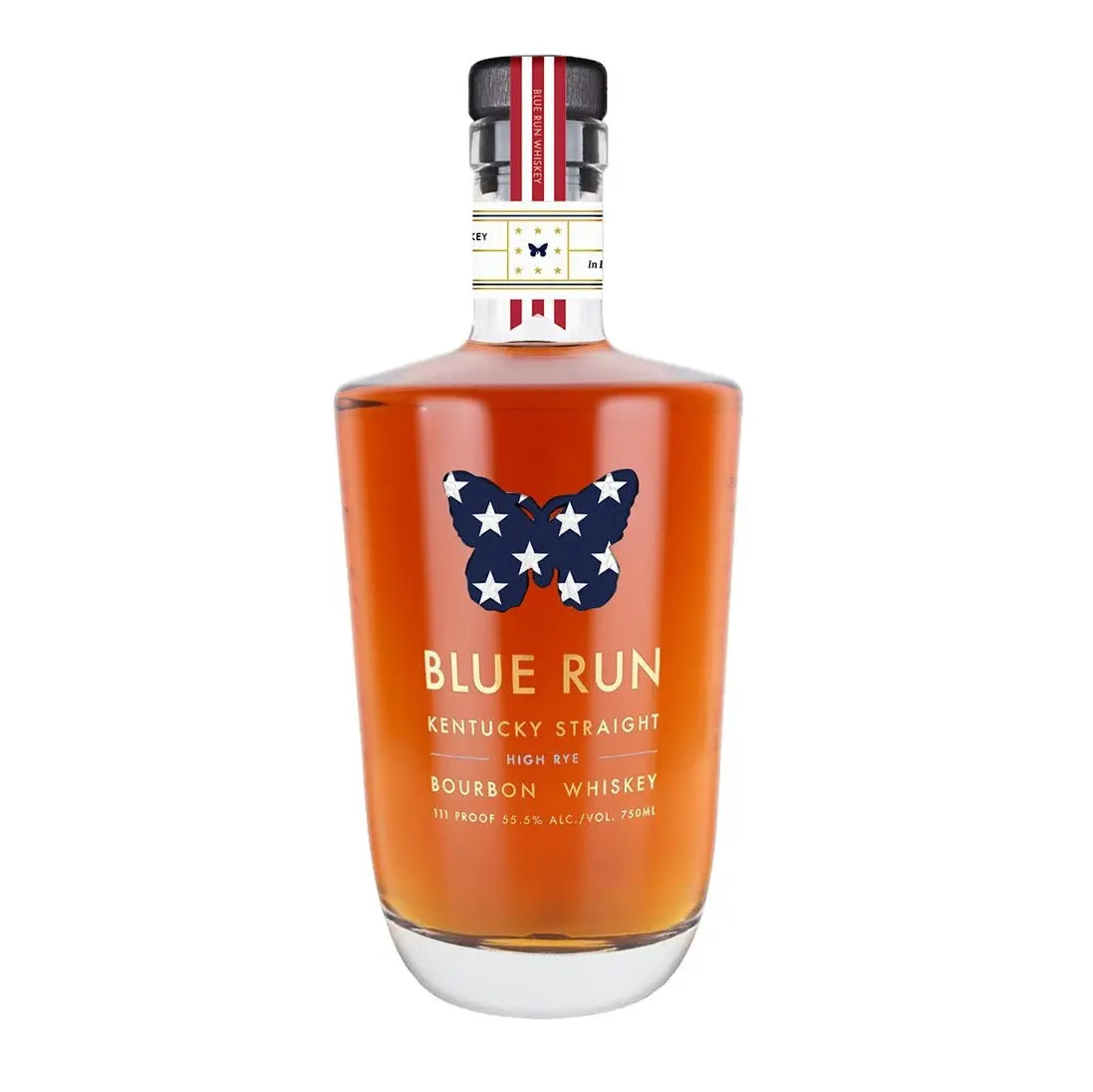 A bottle of Eagle Rare Blue Run USA 250th Anniversary Commemorative High Rye Bourbon, featuring an amber liquid, butterfly logo with stars, white label, and a red, white, and blue neck band.