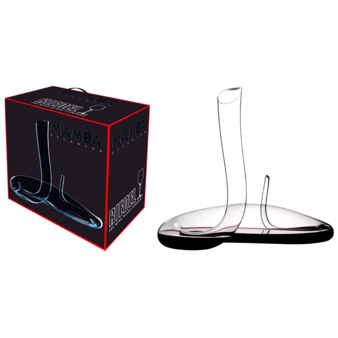 Riedel Wine Decanter Mamba, featuring a distinctive curved crystal design for optimal wine aeration, is shown alongside its black packaging box labeled "Mamba Decanter" with an illustration of this elegant decanter on the side.
