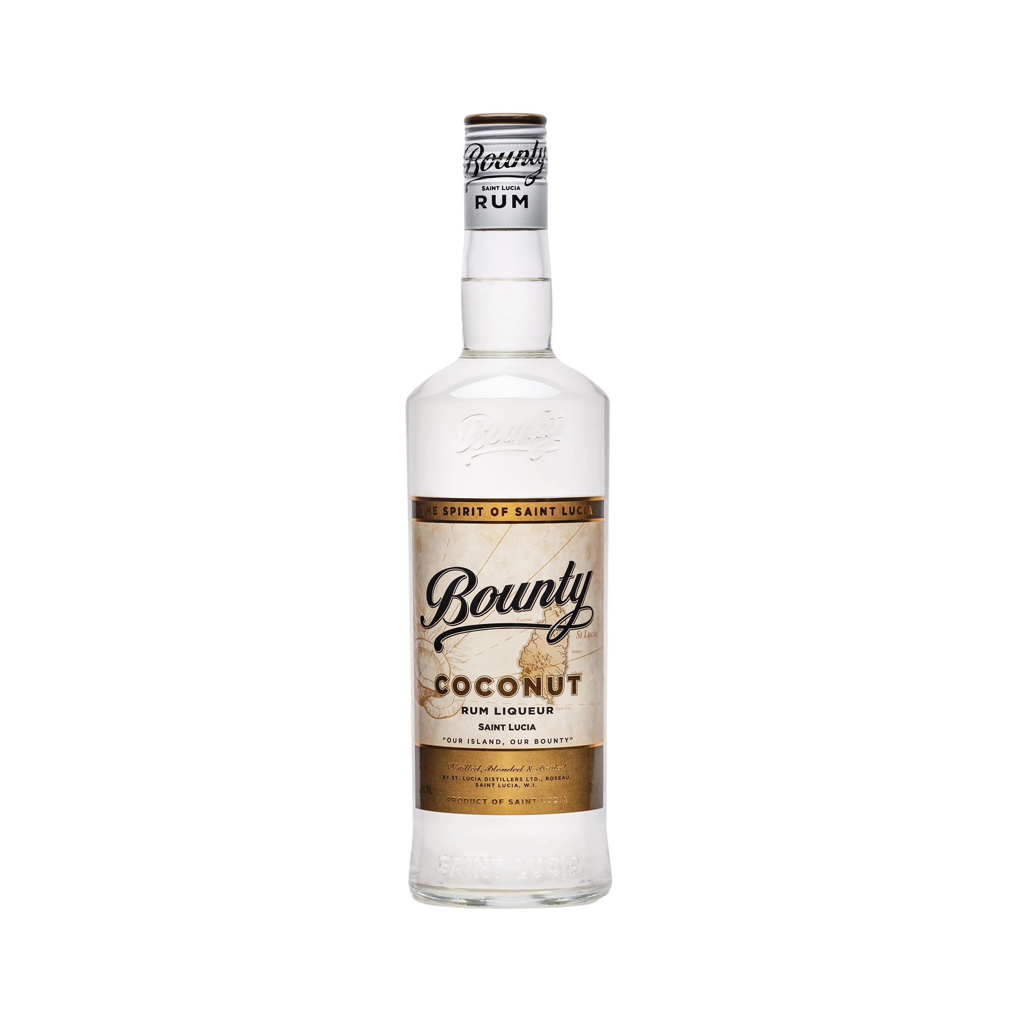 A 750 ml clear glass bottle of Bounty Rum Coconut by Bounty Rum from Saint Lucia, made with coconut extracts and white rum, features white and gold labels with black text, a white cap, and is set against a plain white background.
