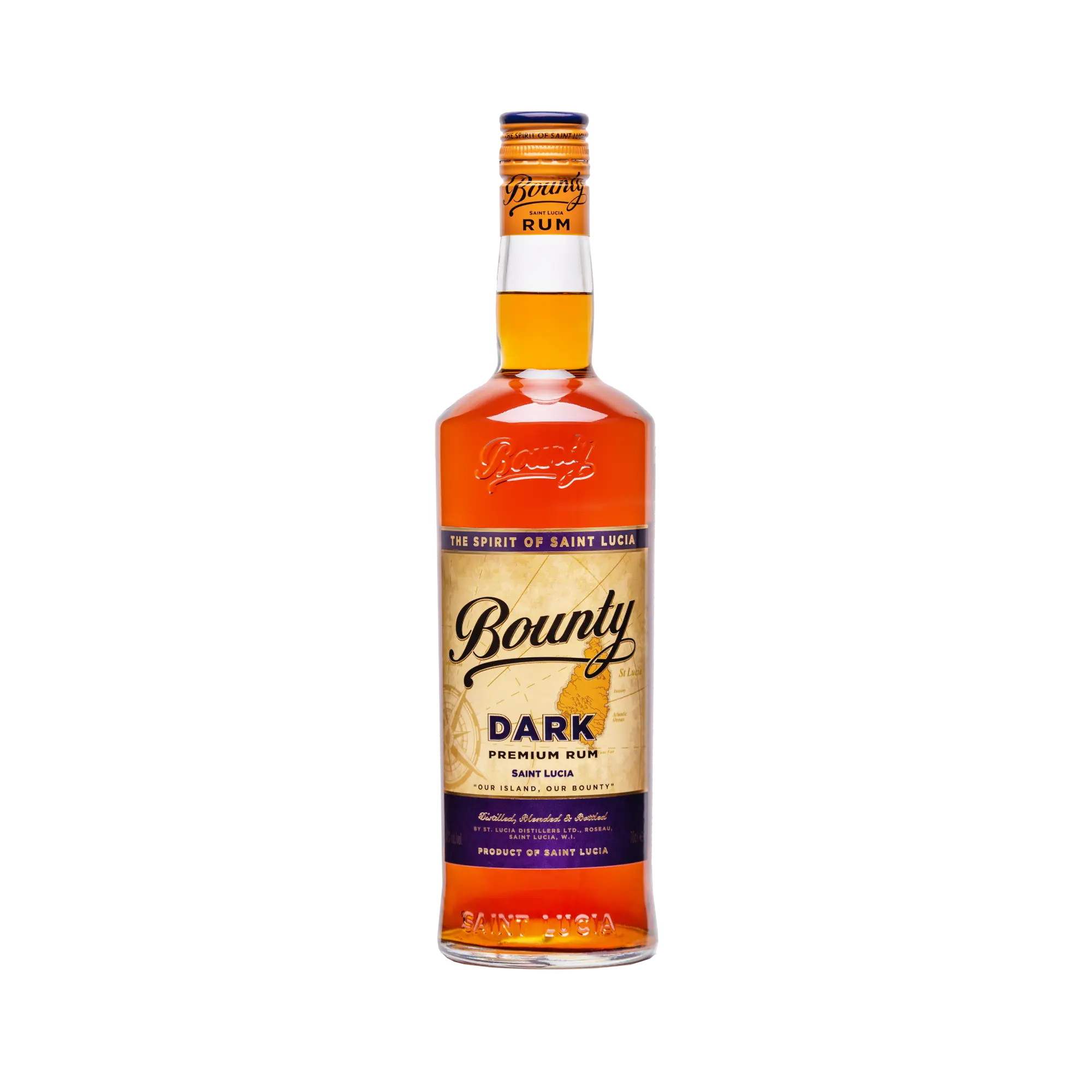 A bottle of Bounty Rum Premium Dark 750 ml by Bounty Rum, featuring an amber liquid, gold and navy label, and orange cap, stands upright on a white background—renowned for its silky mouthfeel.