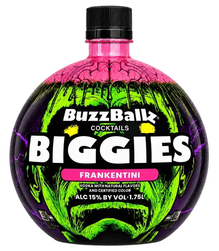 BuzzBallz Biggies Frankentini Pre-Mixed Cocktails 1.75L features a round bottle with a vibrant green and purple monster face design, bold white lettering, and a pink cap. This Halloween-inspired ready-to-drink cocktail from BuzzBallz contains a spirit-based vodka blend with 15% alcohol by volume.
