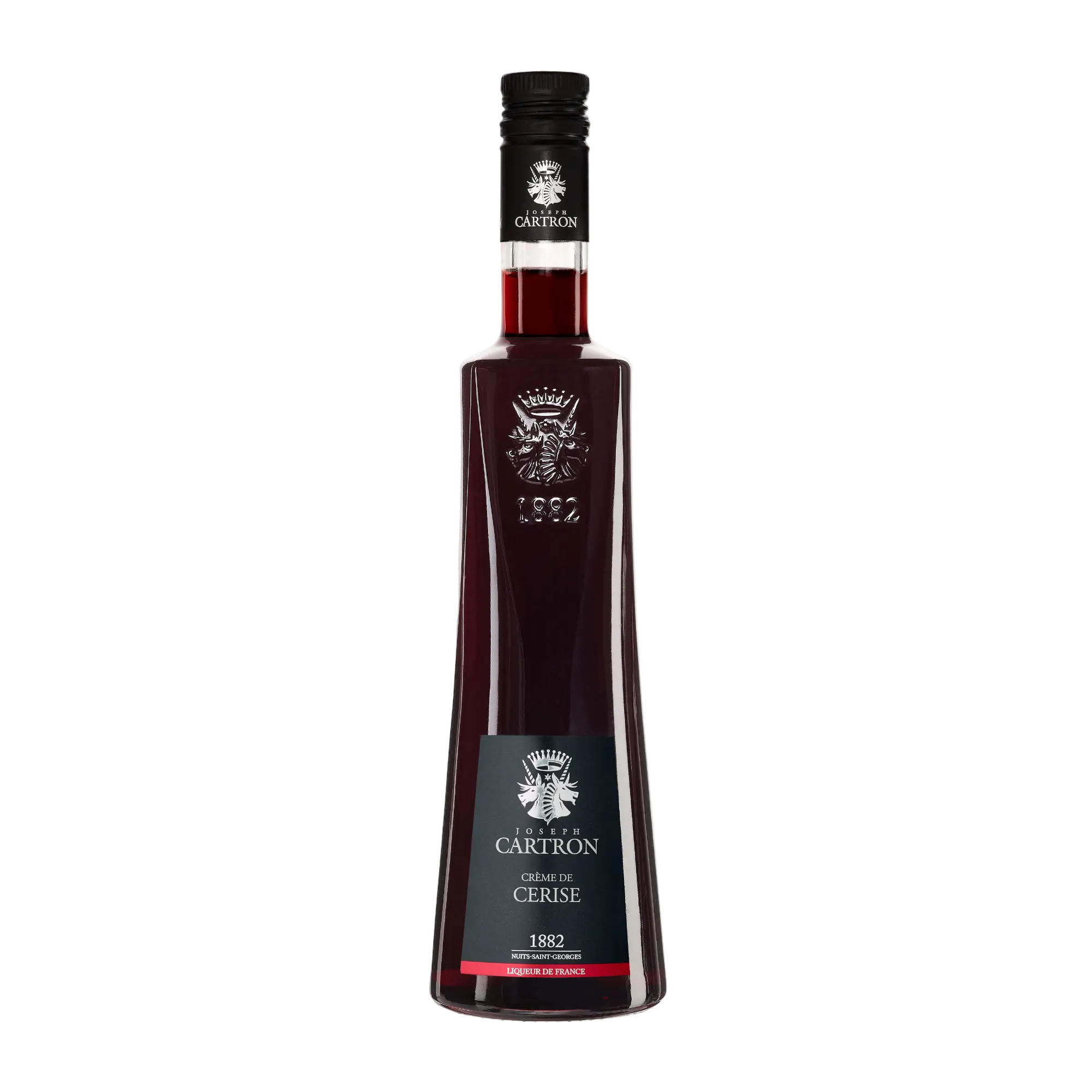 A 700 ml bottle of Cartron Crème de Cerise (Cherry) Liqueur features a black cap, embossed logo, tall glass bottle, and dark red liquid. The front label displays the Cartron brand name and product details.