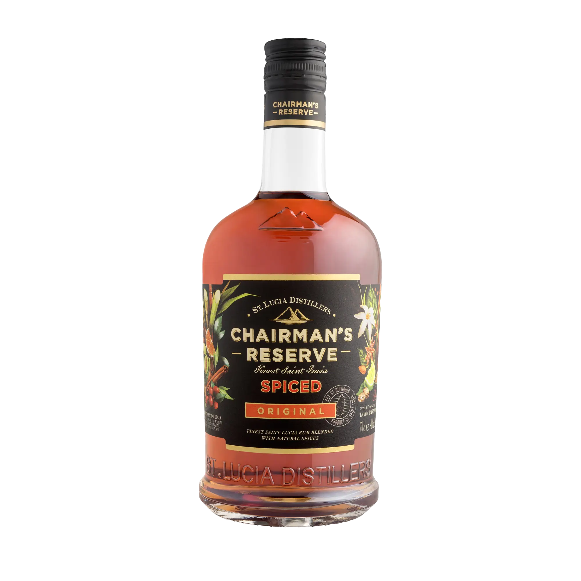 A bottle of Chairman's Reserve Spiced Original by Chairman's Reserve Rum, featuring a dark label with tropical fruit and spice designs on a white background. This spiced rum includes exotic botanicals like Bois Bandé for unforgettable flavor.