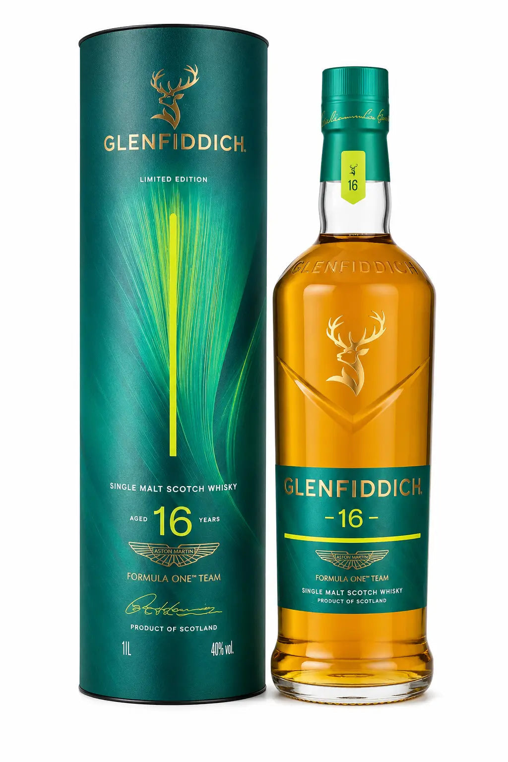 A bottle of Glenfiddich 16 Year Aston Martin Formula One Edition Release No. 2 Single Malt Scotch Whisky stands beside its green, cylindrical box adorned with gold accents and the iconic Glenfiddich stag logo. This remarkable release from Glenfiddich embodies the refinement inspired by the world of Aston Martin Formula One.