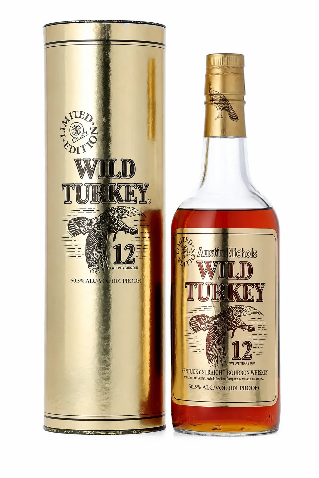 A bottle of Wild Turkey 12 Year Old 1991 Gold Foil Kentucky Straight Bourbon Whiskey 750mL from Wild Turkey stands next to its striking gold cylindrical box. The label is adorned with a turkey illustration and notes its 50.5% ABV, making this vintage whiskey a coveted find for collectors and enthusiasts.