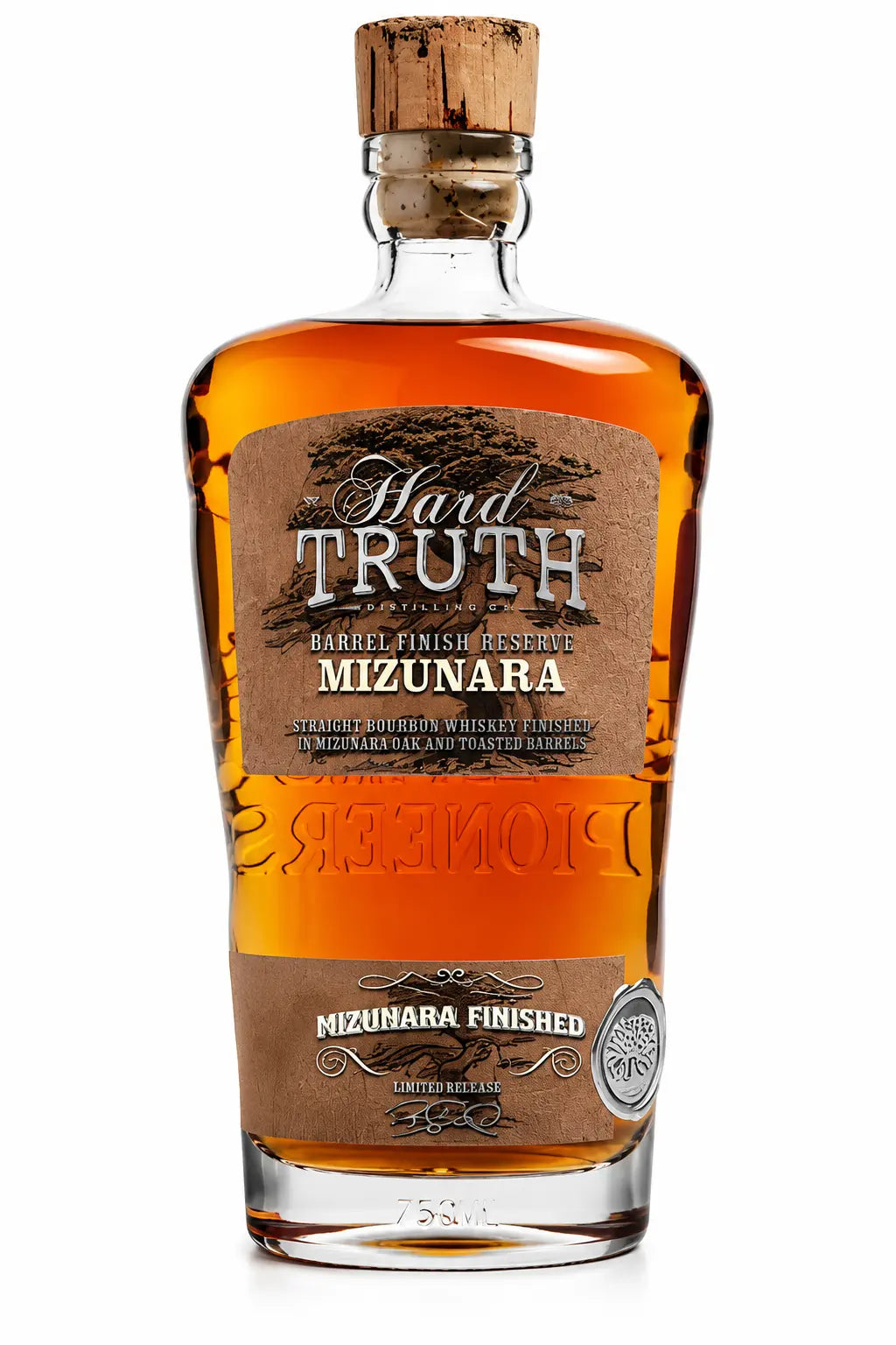A bottle of Hard Truth Mizunara Finished Straight Wheated Bourbon Barrel Finish Reserve by Hard Truth, featuring a brown label, cork stopper, and clear amber liquid. The label highlights its unique Mizunara barrel finish.