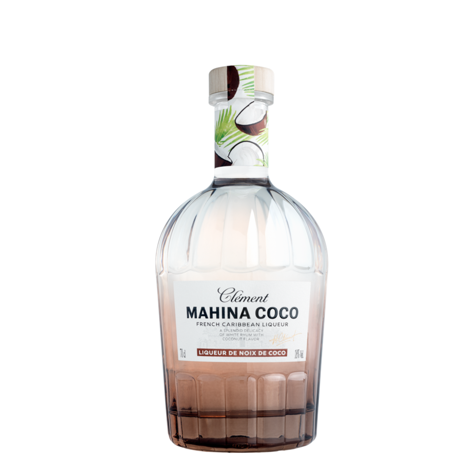 A clear 70cl bottle of Rhum Clément Mahina Coco Coconut Liqueur, a French Caribbean rum-based liqueur, features coconut and palm leaf neck design with white and brown labels, set against a plain white background.