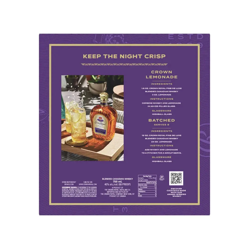 Purple instructional card featuring a bottle of Crown Royal Deluxe with Tumbling Tower Gift Set by Crown Royal, a cocktail glass with ice and lemon, and Crown Lemonade drink recipes complete with ingredients and instructions. Text and images are neatly arranged, making this card an excellent addition to any gift set.