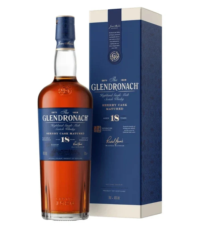 A bottle of Glendronach 18 Year Highland Single Malt Scotch Whisky 700mL, matured in rich sherry casks, is displayed next to its matching blue and gold box packaging.