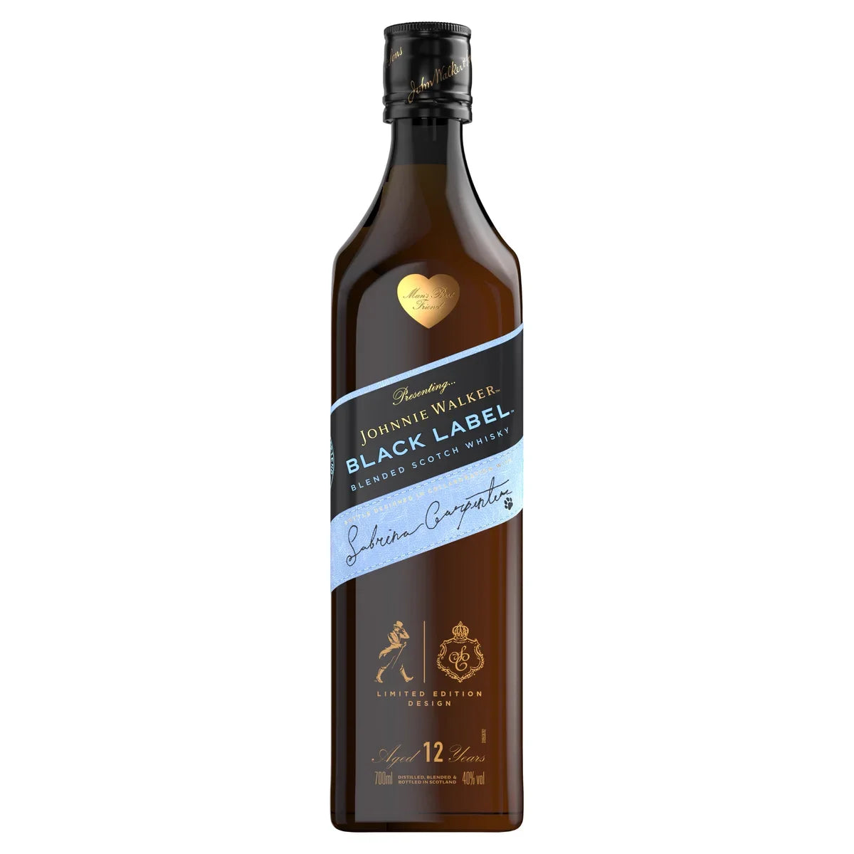 A 700mL bottle of Johnnie Walker Black Label x Sabrina Carpenter Limited Edition Blended Scotch Whisky, adorned with a gold heart, blue signature ribbon, and exclusive front markings.