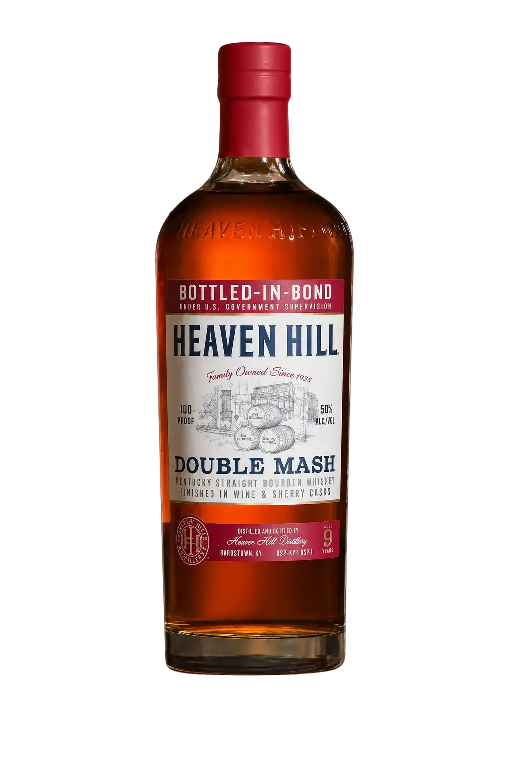 A bottle of Heaven Hill Double Mash Bottled in Bond Bourbon from Heaven Hill Distillery, distinguished by its red cap and a label denoting it as a Bottled in Bond bourbon, 100 proof, and aged for 9 years.