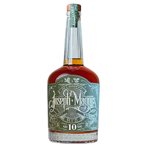 A bottle of Joseph Magnus 10 Year Cask Strength Rye Whiskey, a high-proof rye from Joseph Magnus, crafted with a 95% rye mash bill and presented with a green and white ornate label and a wax-sealed cork.