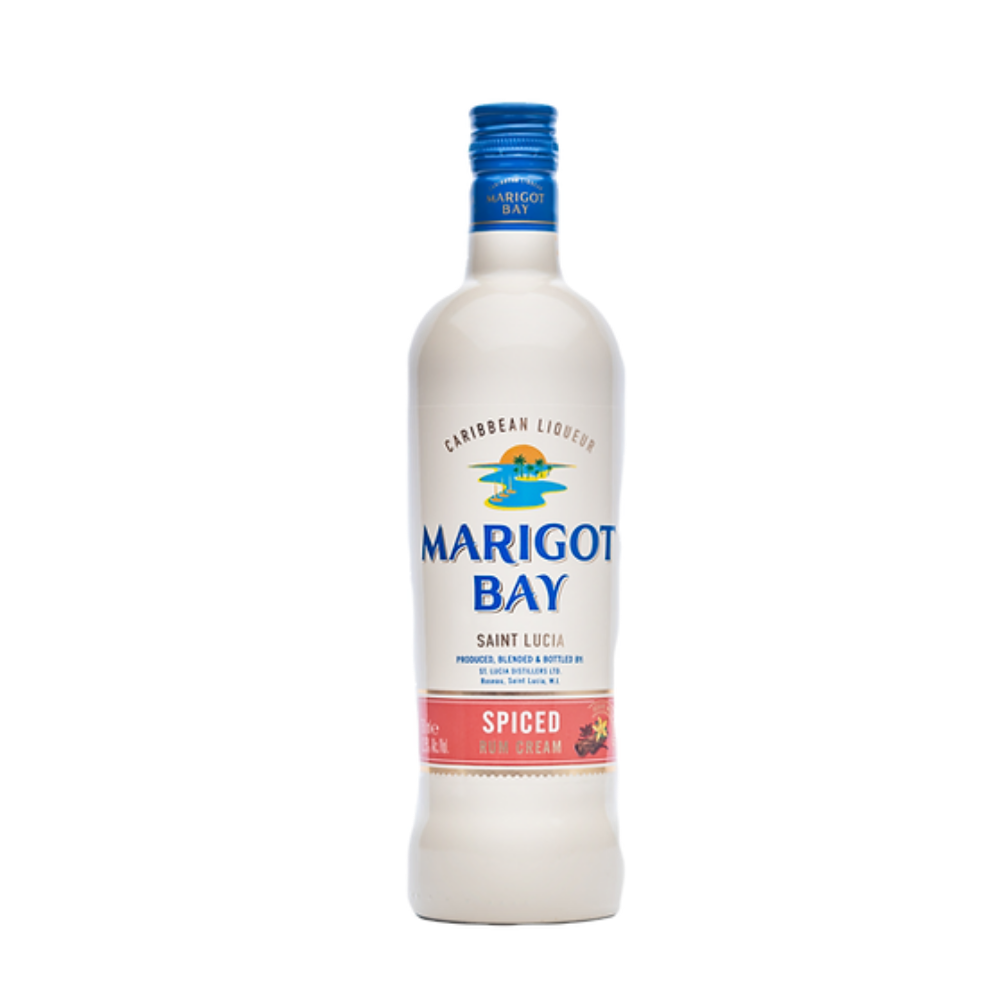 A white bottle of Marigot Bay Spiced Rum Cream Liqueur by Marigot Bay Rum showcases blue and gold branding, a red label at the bottom, and is set against a plain white background.